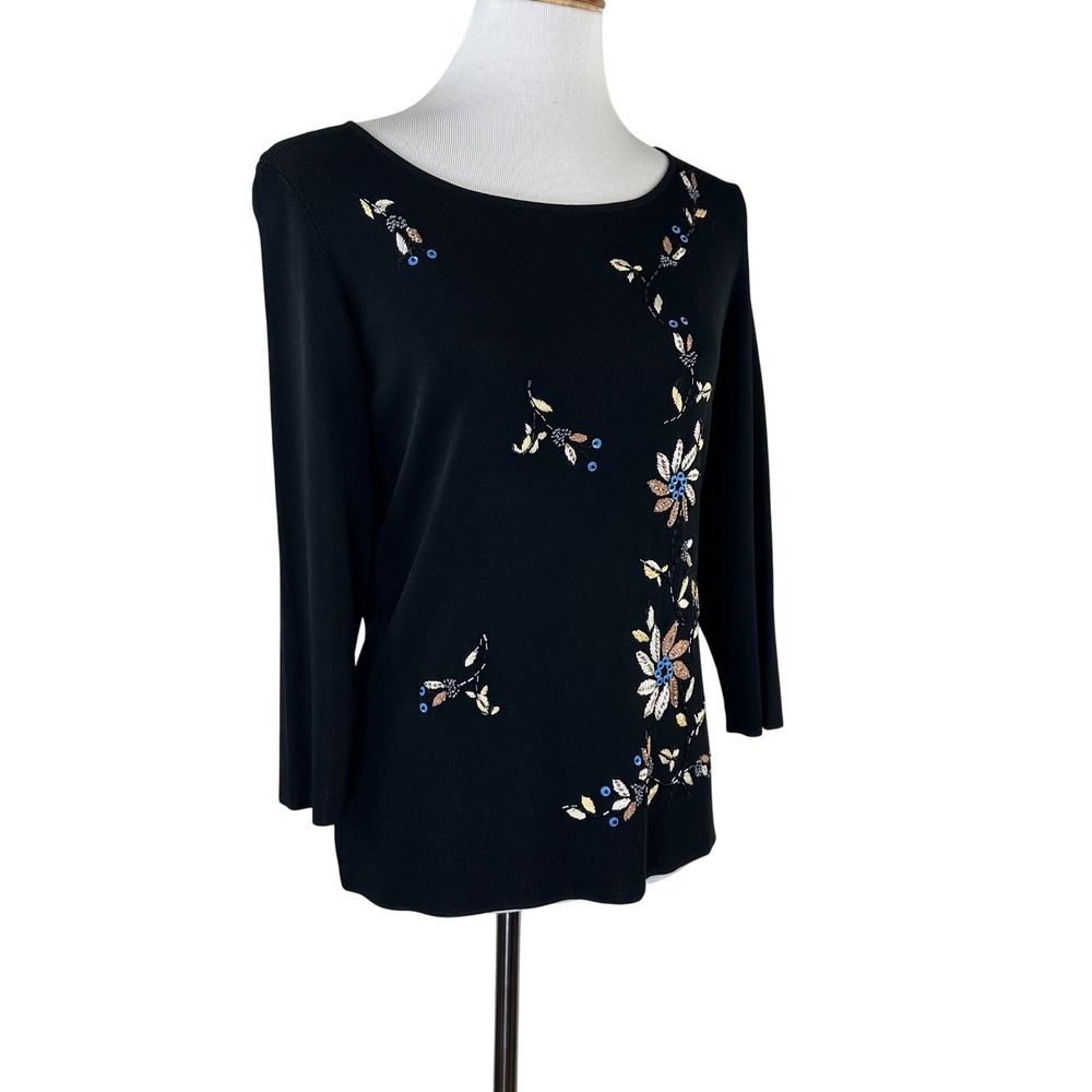 Lucia Burns Black Ribbed Knit Embroidered Beaded Floral Top Womens L